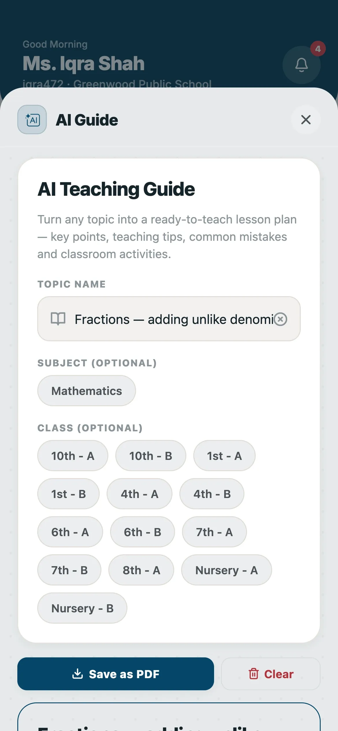 AI teaching guide for a lesson topic