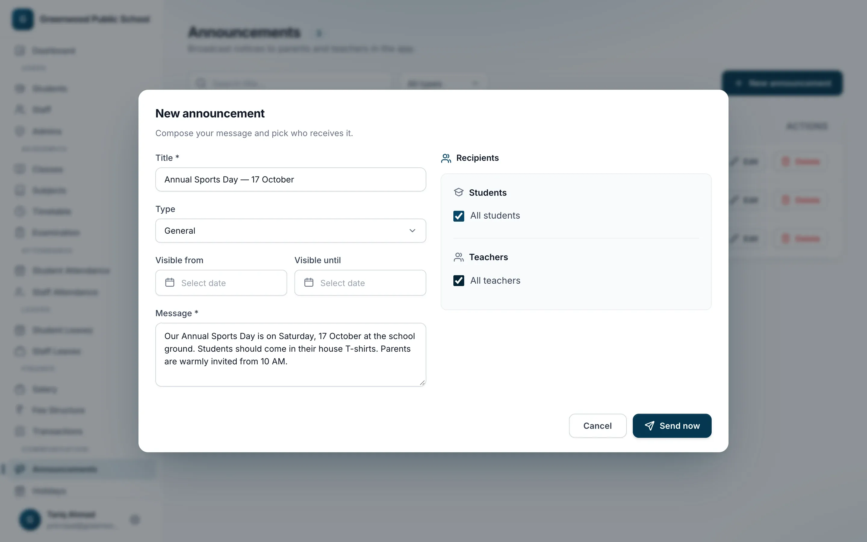 New announcement form with recipients set to all students and all teachers