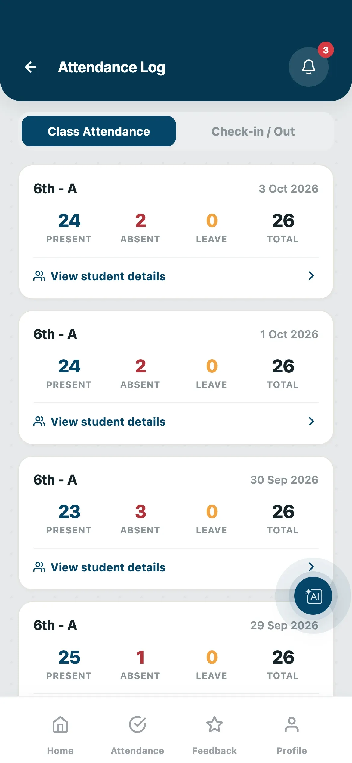 Attendance log with present, absent and leave totals per day