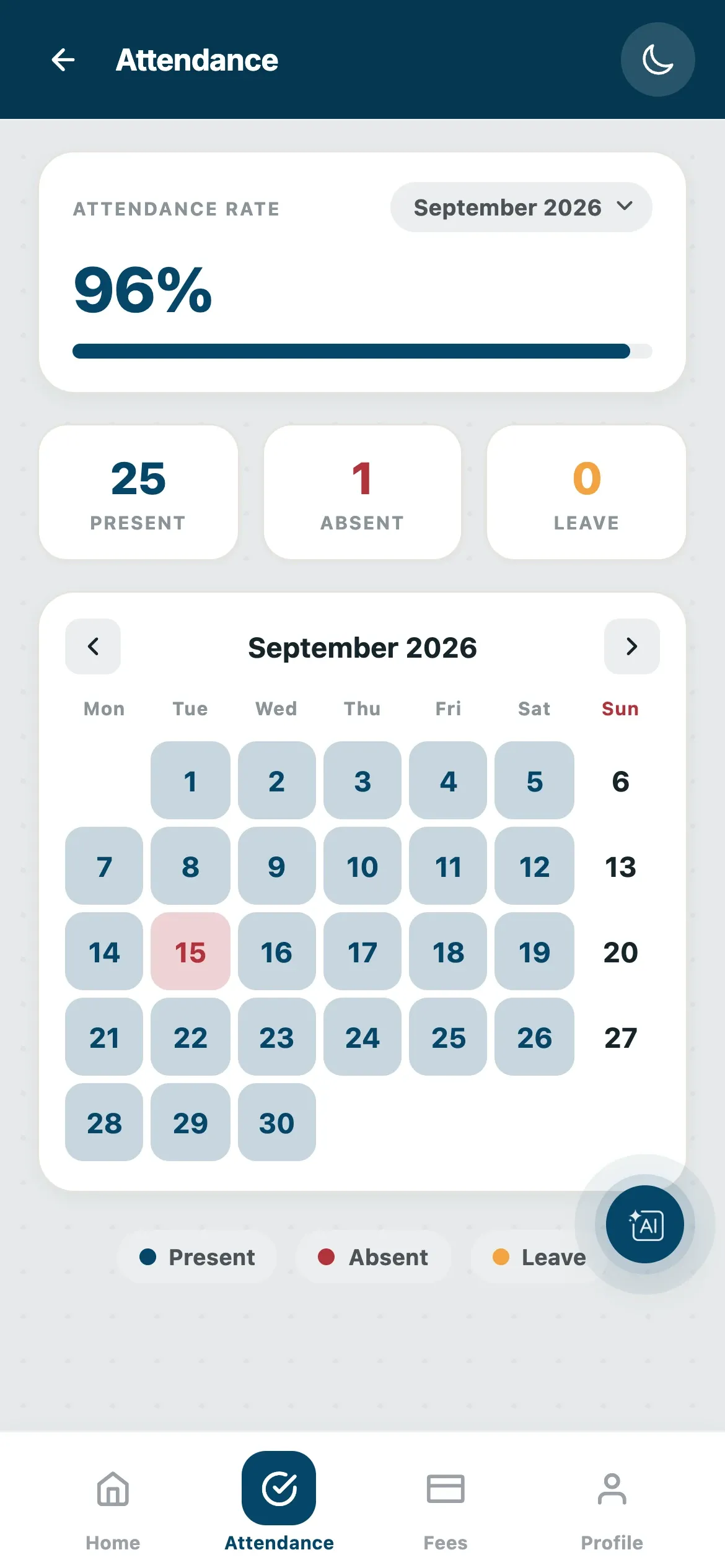 Monthly attendance calendar in the parent app