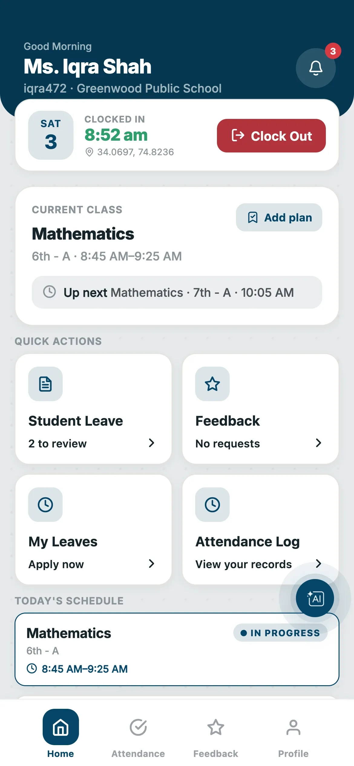 Teacher app home with clock-in time, current class and today's schedule