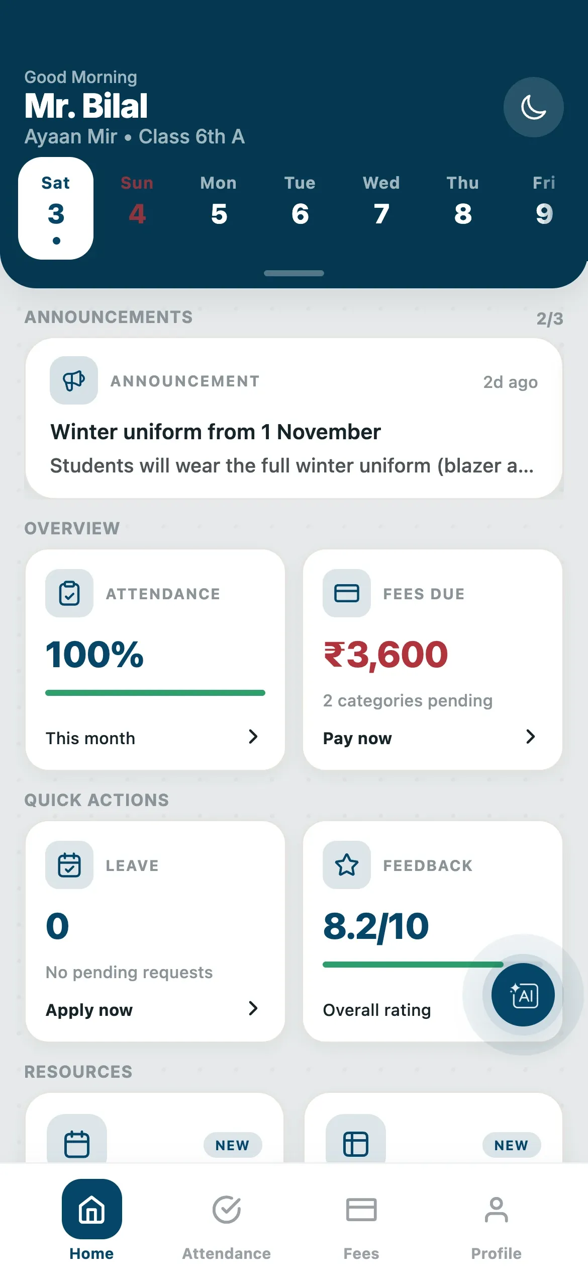 Pupil ERP parent app home screen with attendance, fees due and school announcements