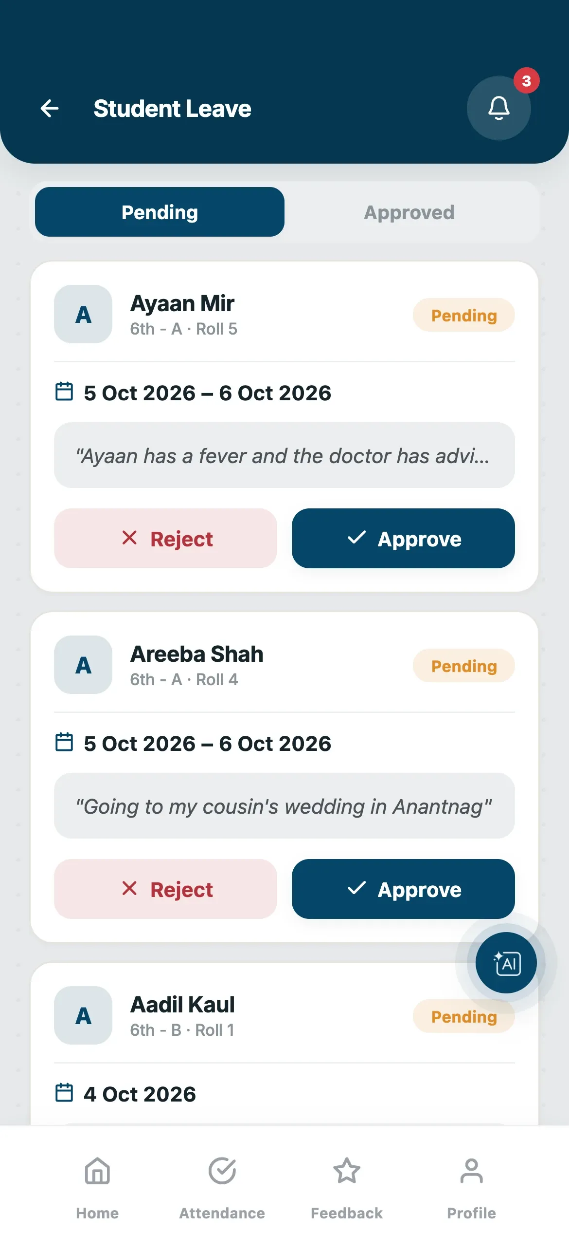 Student leave requests with approve and reject buttons