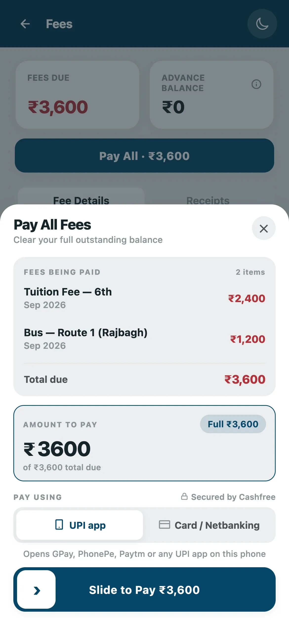 Pay all fees sheet with UPI and slide to pay