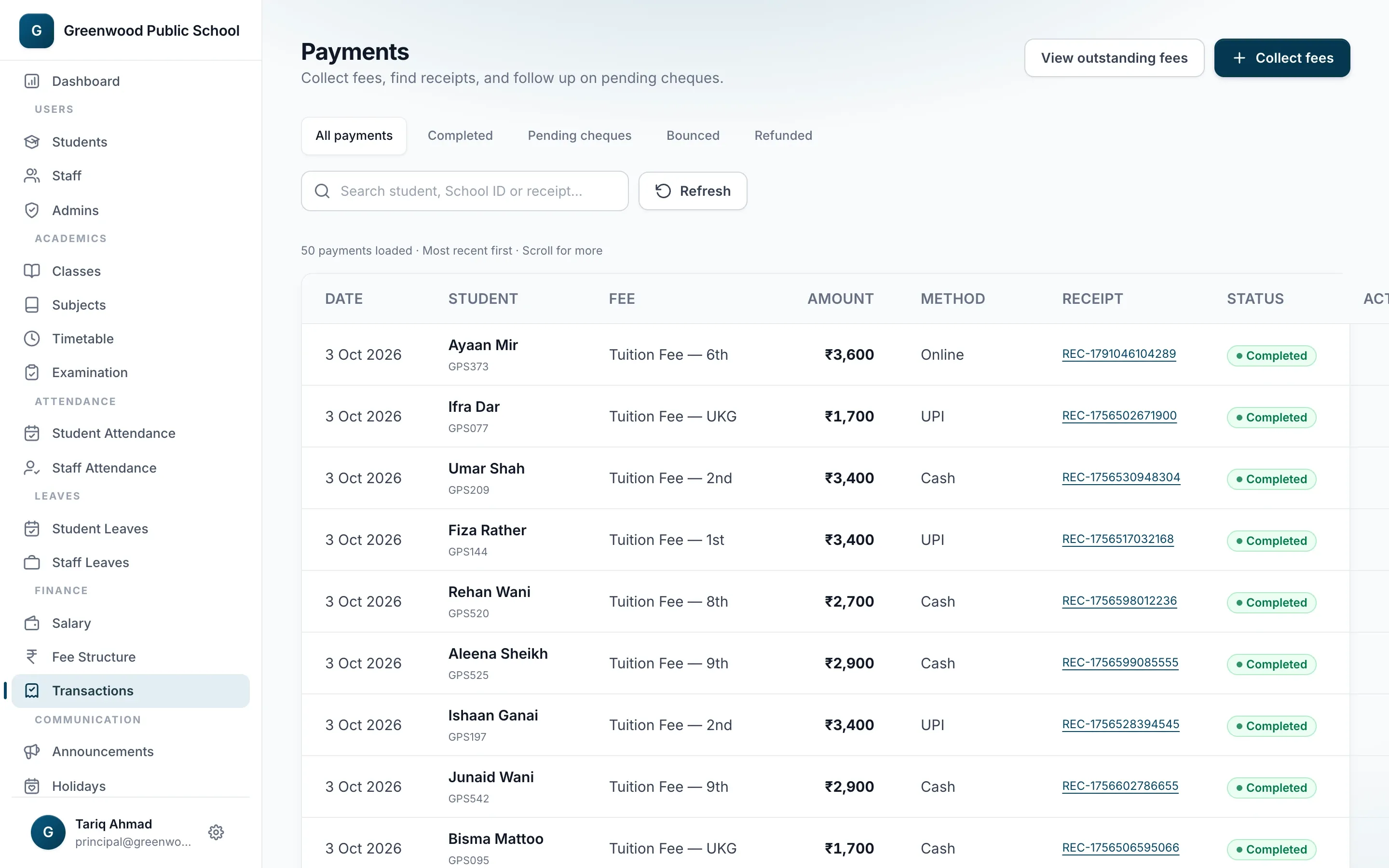 Transactions list with online, UPI and cash fee payments