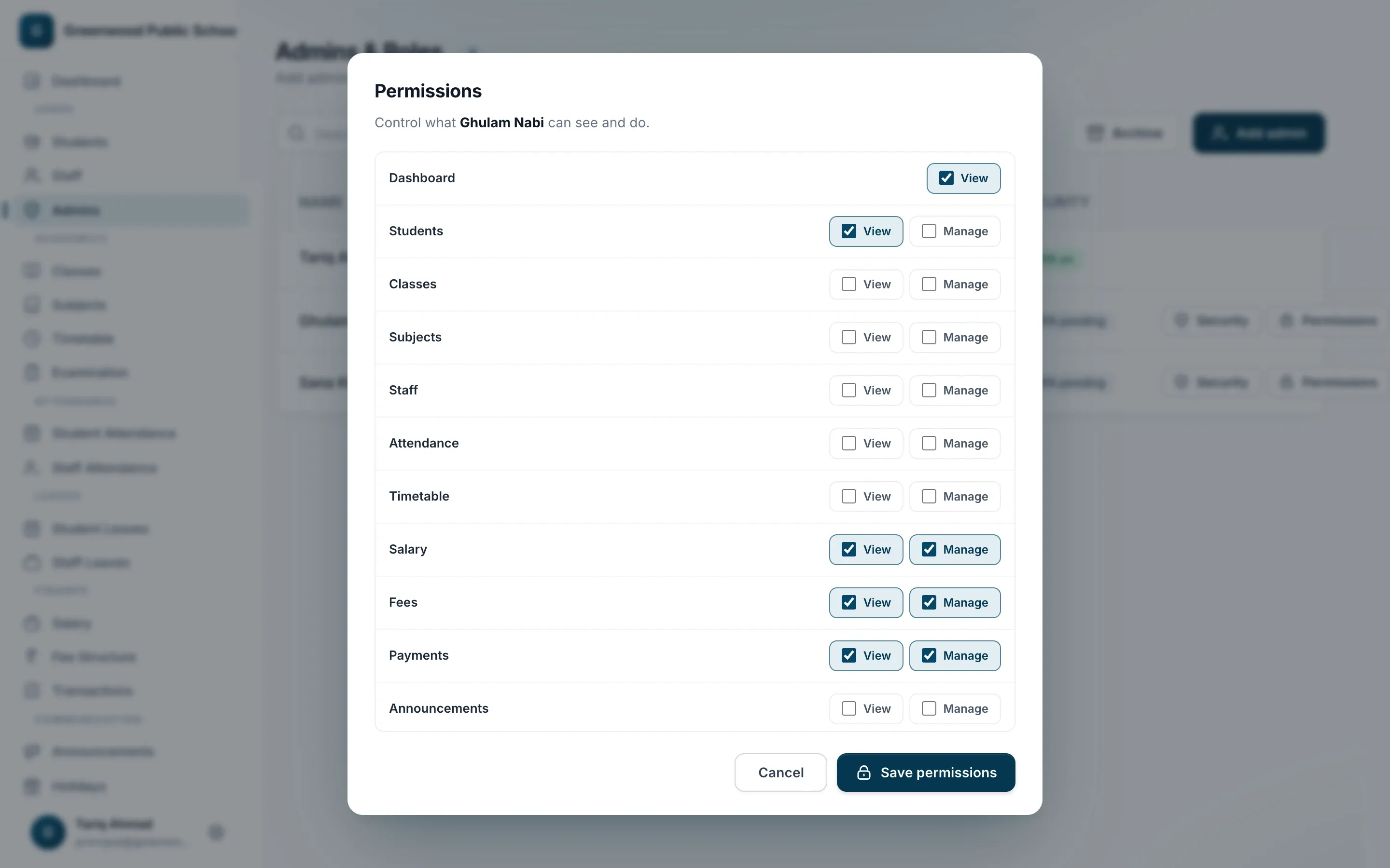 Permissions matrix for a sub-admin with view and manage access per module