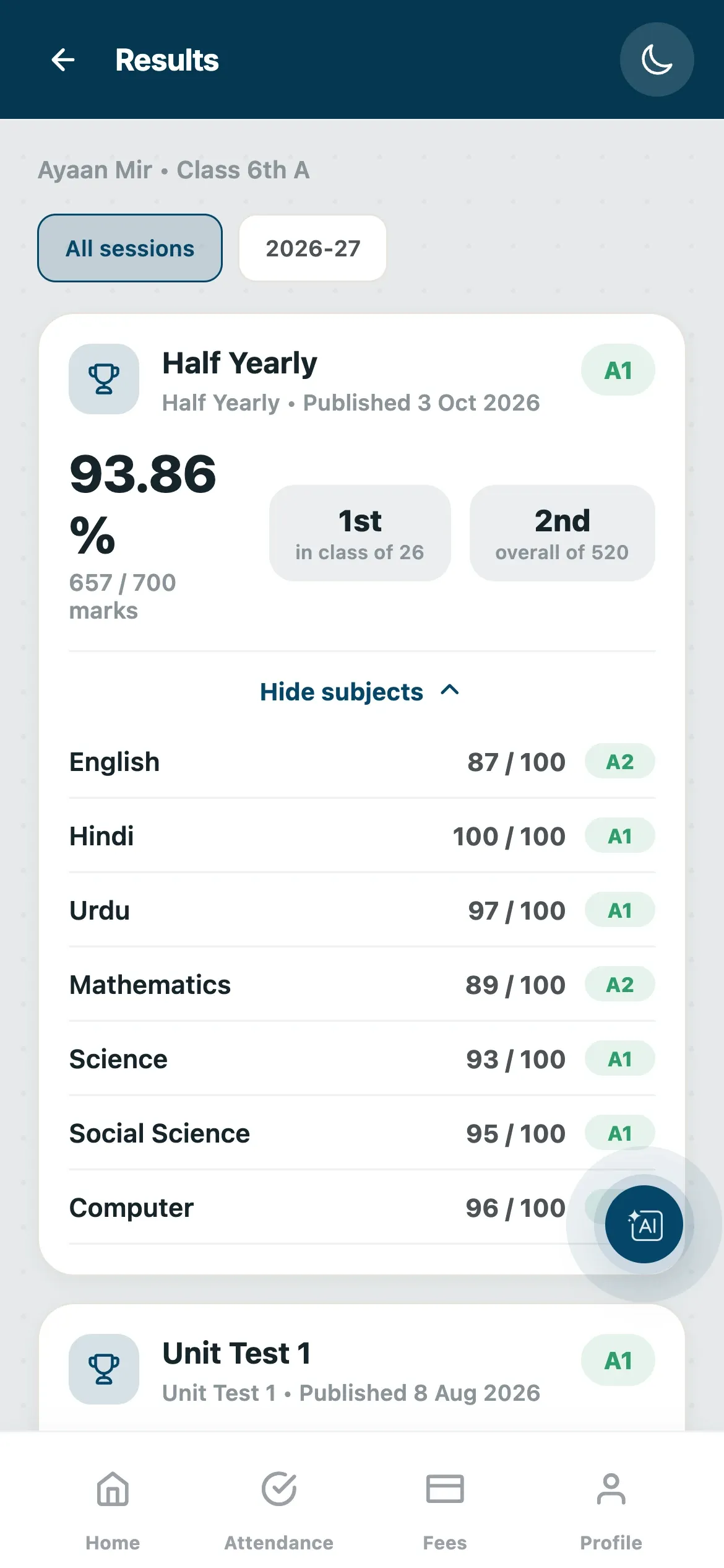 Half Yearly report card with subject marks, grades and class rank
