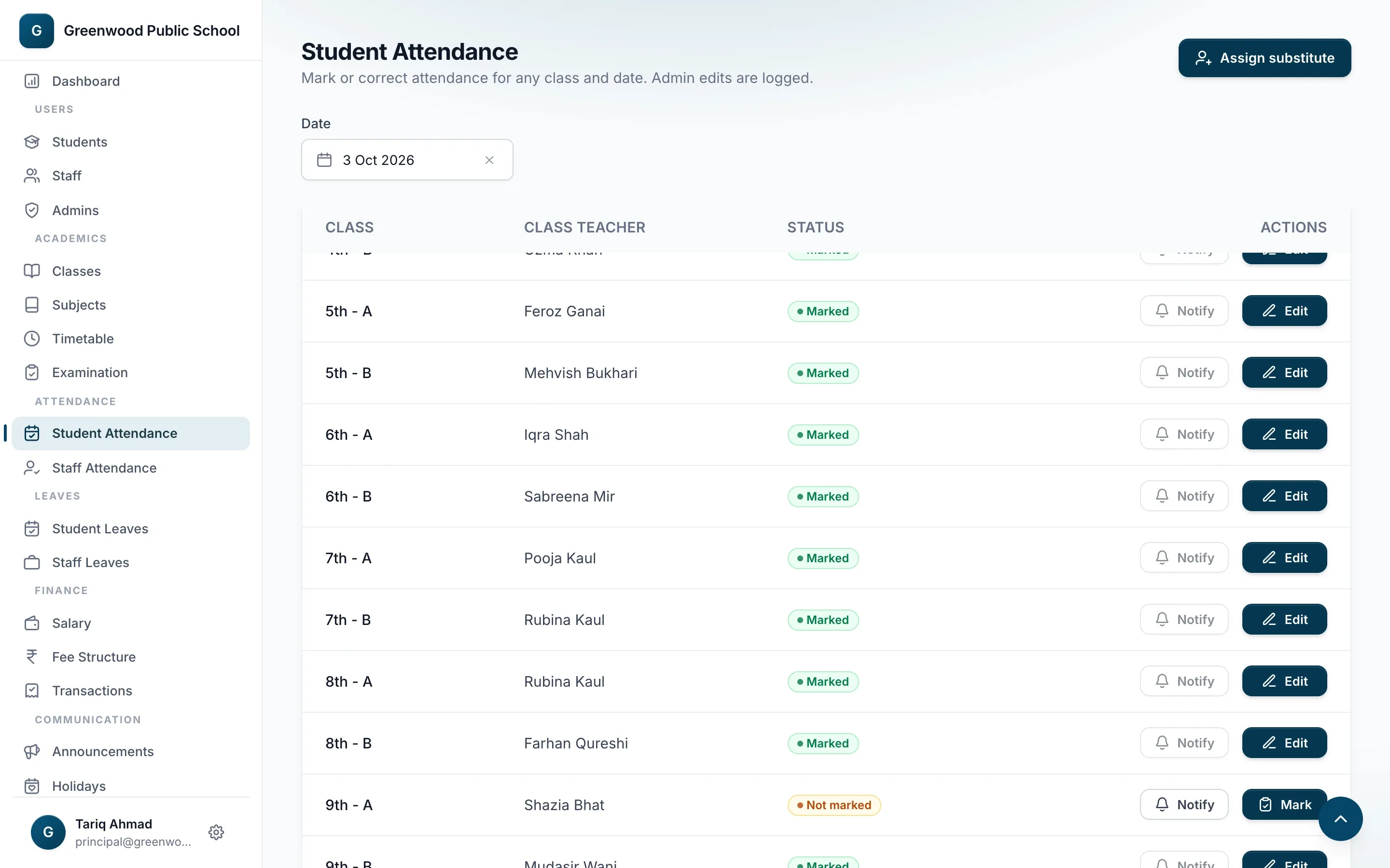 Student attendance page listing classes with marked and not-marked status for today