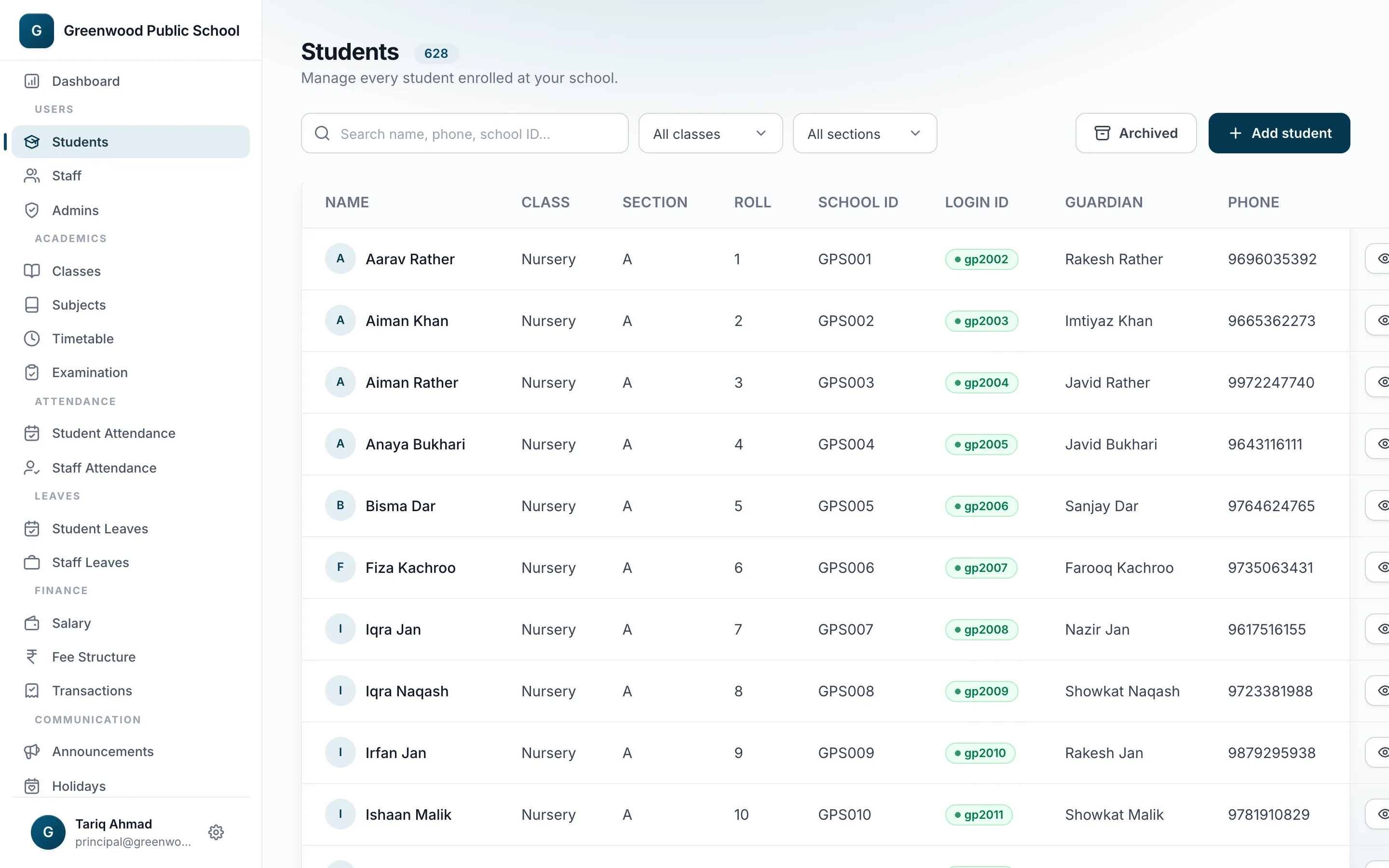 Student list with class, section, roll number, School ID and parent login ID
