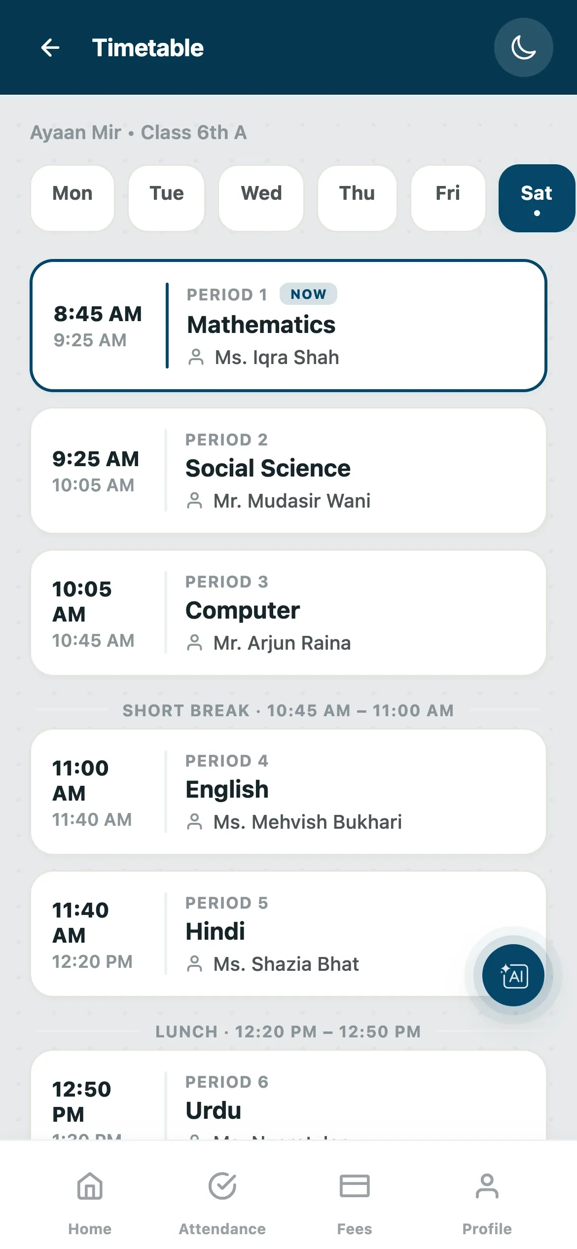 Daily timetable with periods and teachers