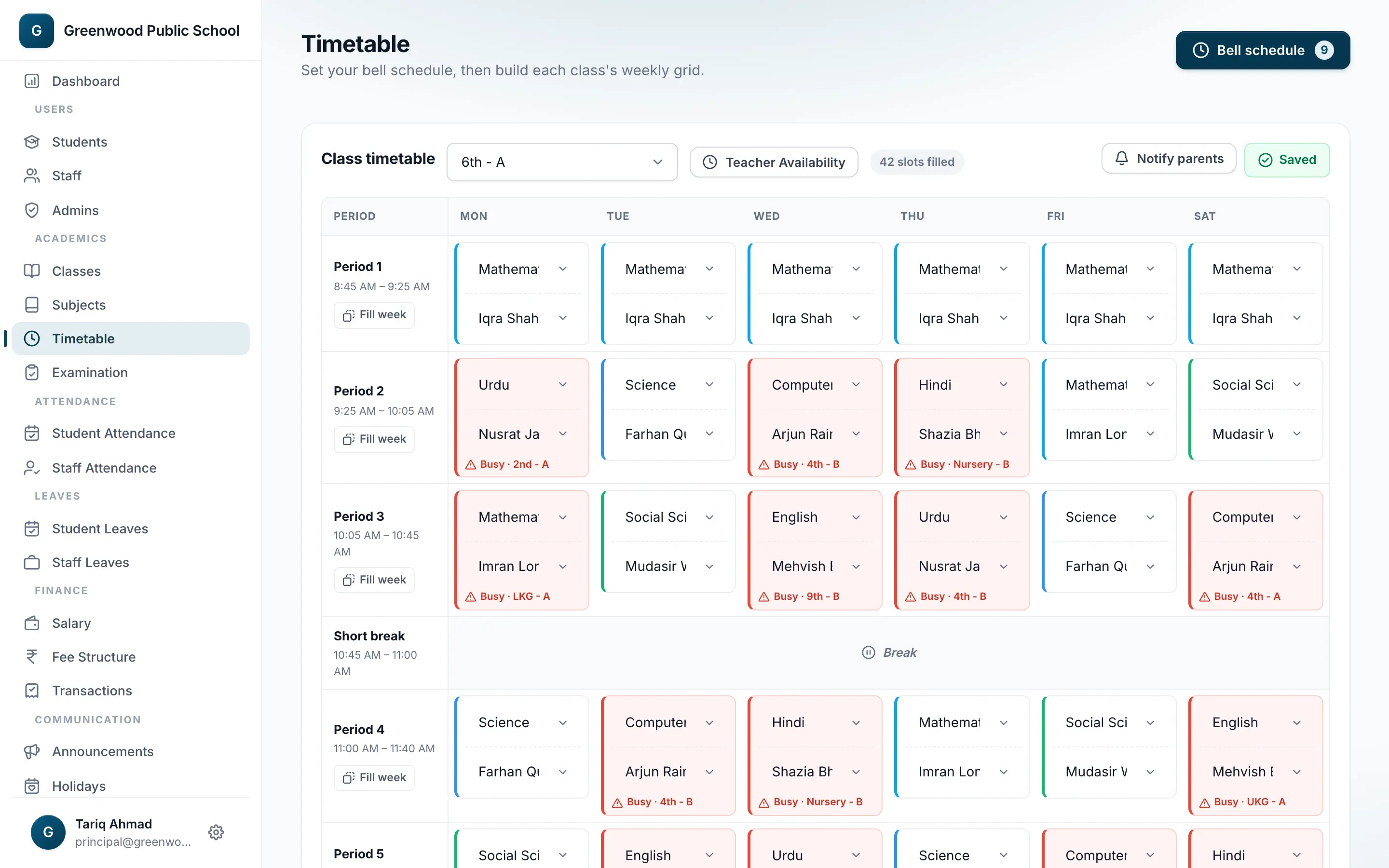 Class timetable grid with subjects and teachers for each period